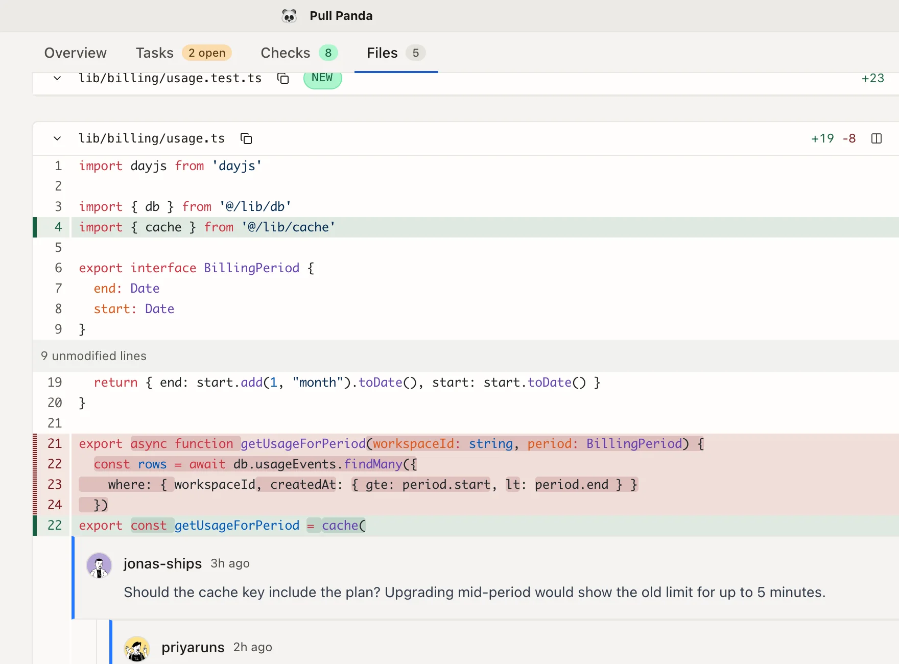 A Pull Panda diff with syntax highlighting and an inline review thread