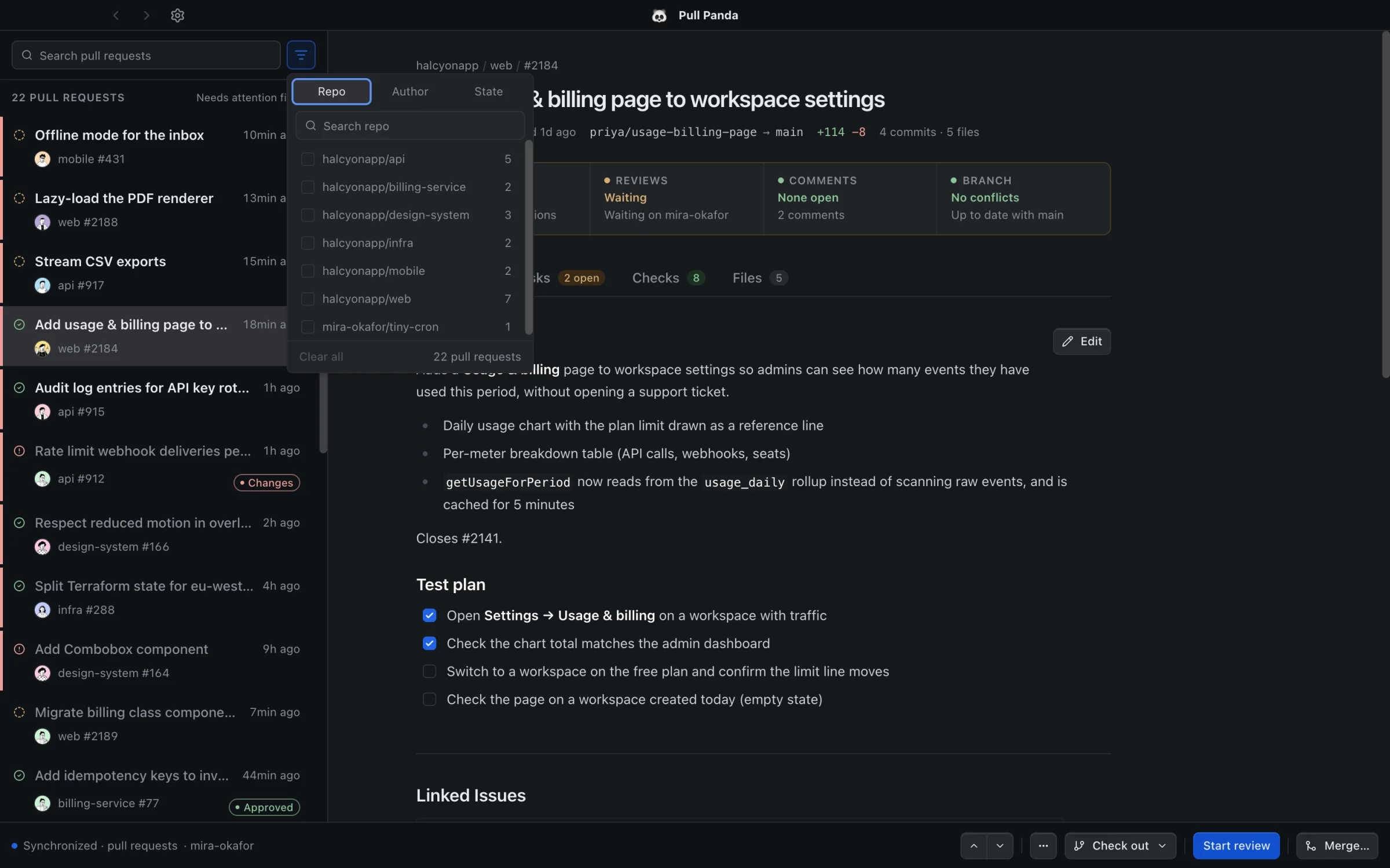 Pull Panda showing a sidebar of pull requests from seven repositories, filtered by repository