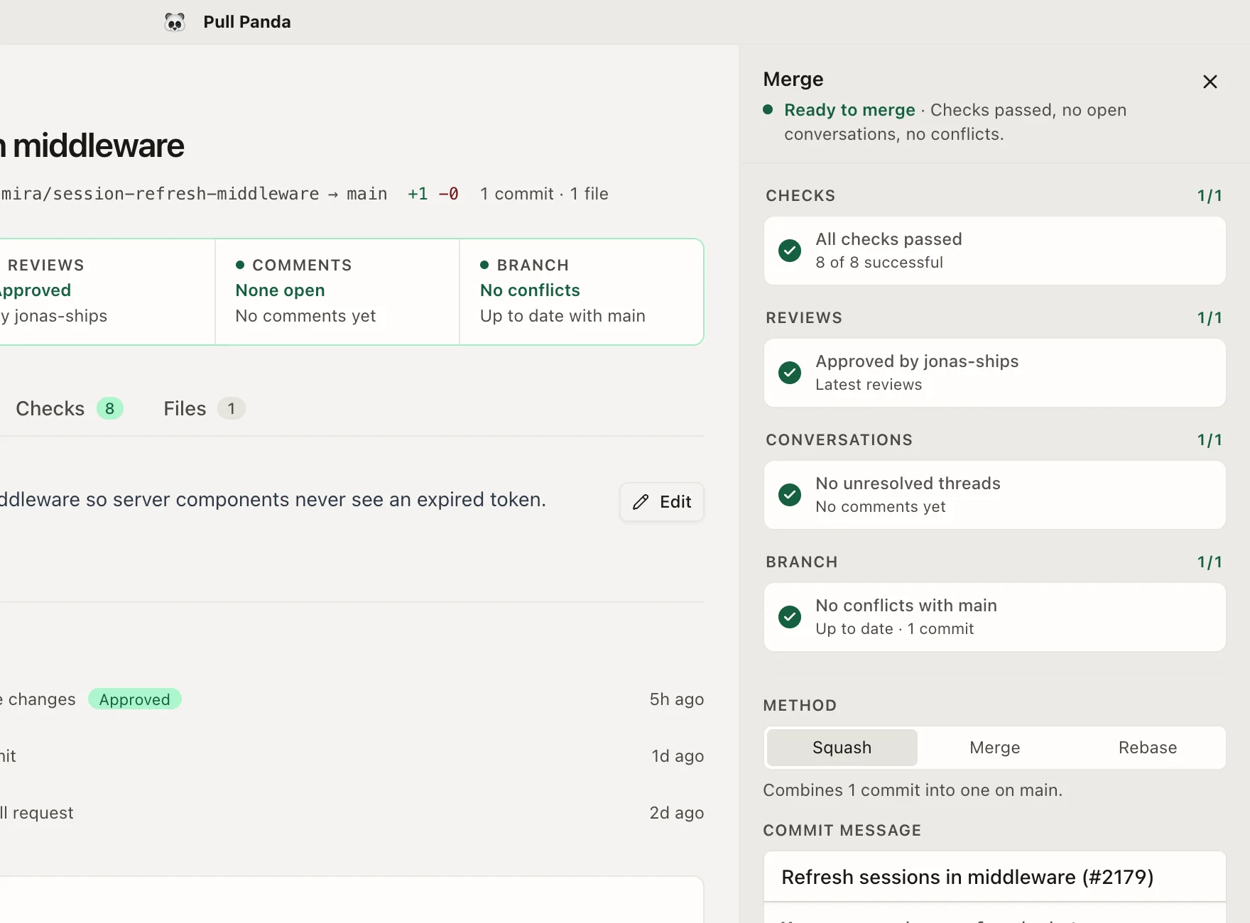 The merge drawer showing a pull request that is ready to merge