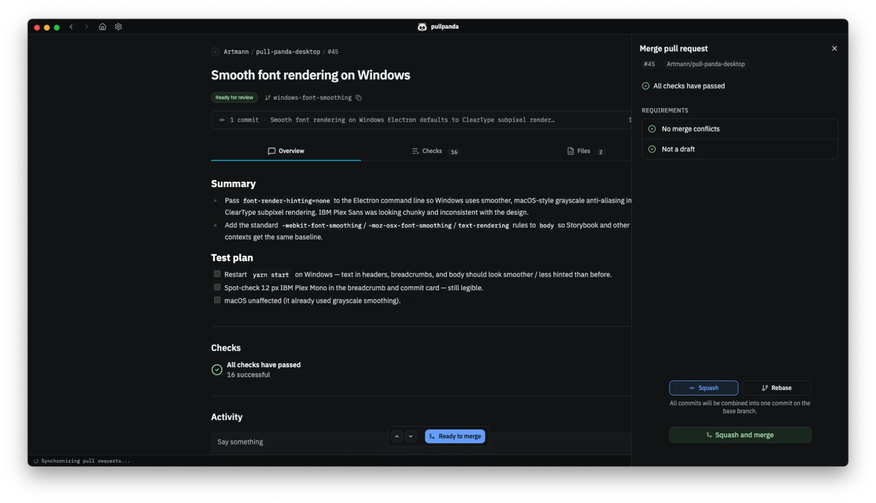 Pull Panda merge drawer showing requirements and merge options