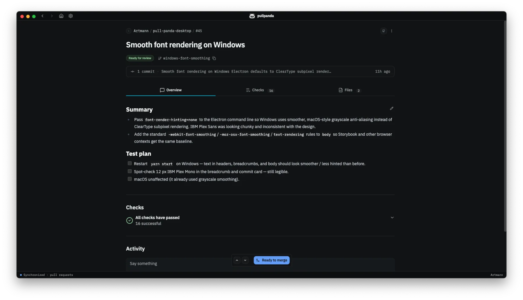 Pull Panda overview tab showing summary, test plan, and checks