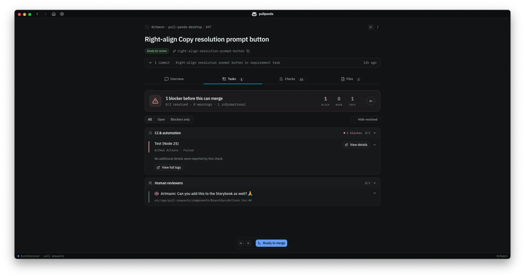 Pull Panda tasks tab showing blockers, warnings, and informational items