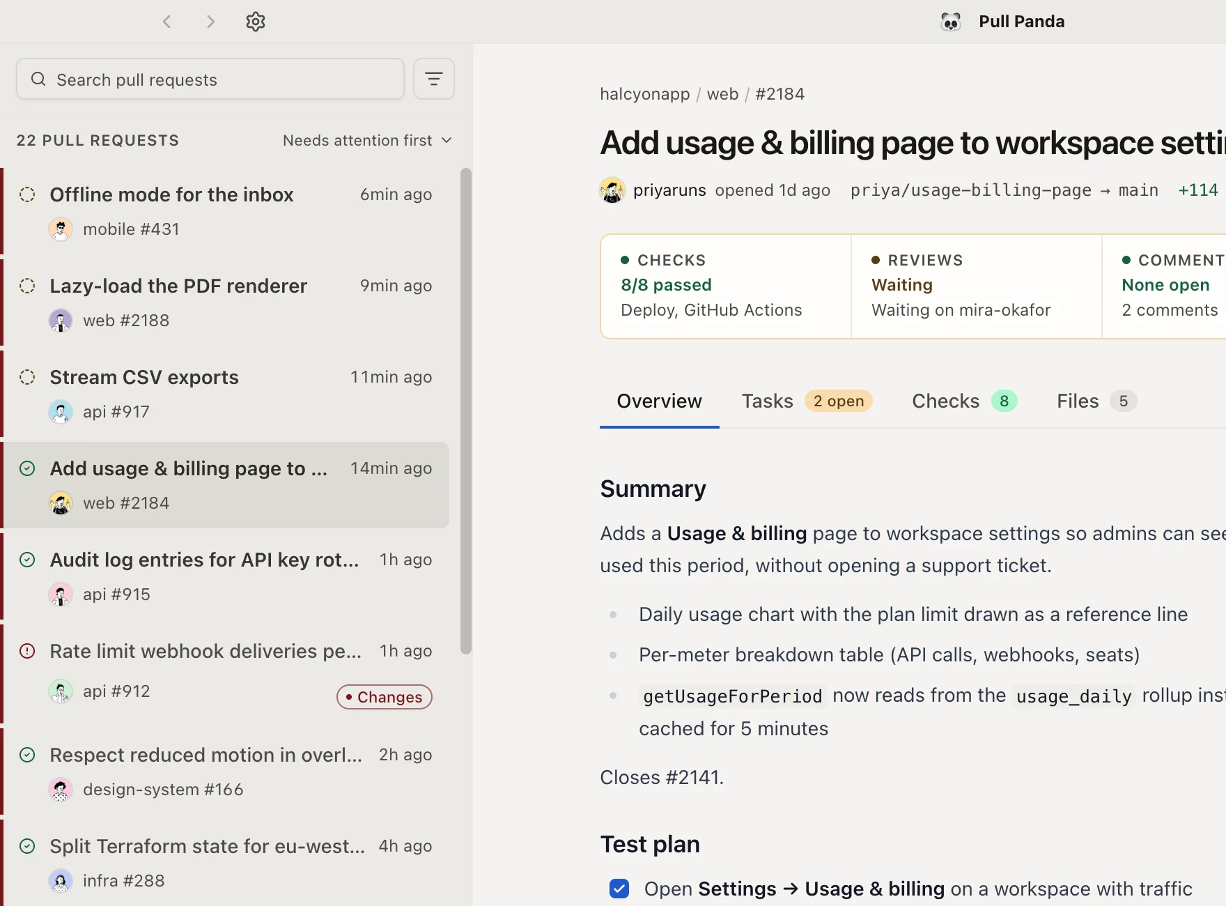 The Pull Panda sidebar listing 22 pull requests across seven repositories