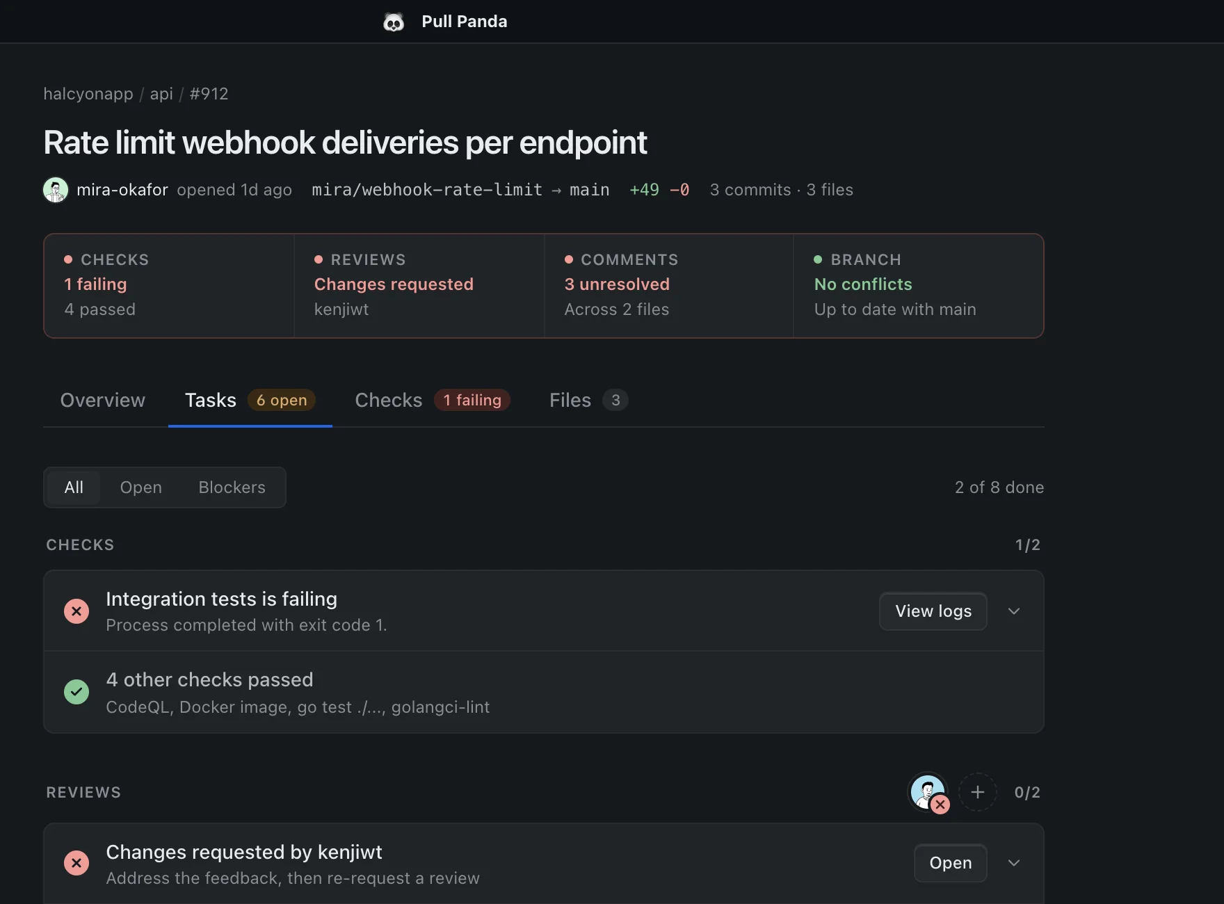 The Tasks tab listing a failing check, a change request, and unresolved conversations